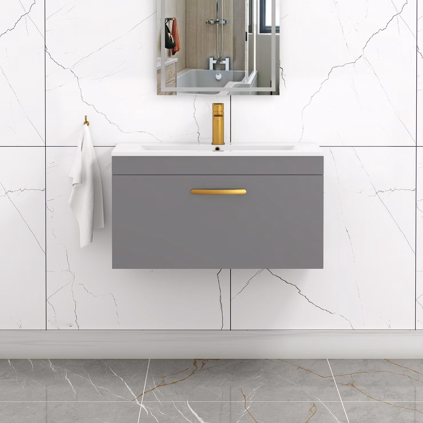 Royal Bathrooms Turin 800mm Wall Hung Vanity Sink Unit in Indigo Grey Gloss with Brushed Brass Handle and Minimalist Basin
