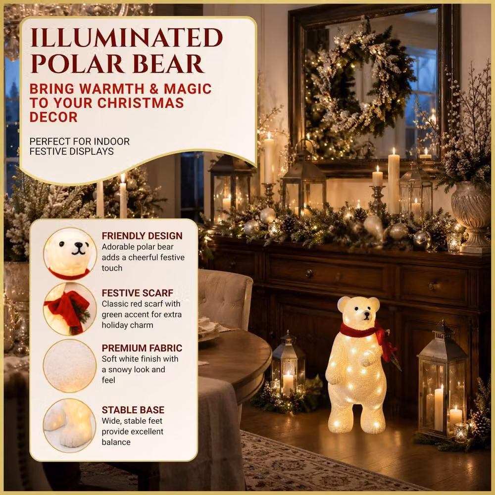 Shatchi Battery Operated Warm White LED Polar Bear Christmas Decoration, White and Red, Height: 20 cm – 6