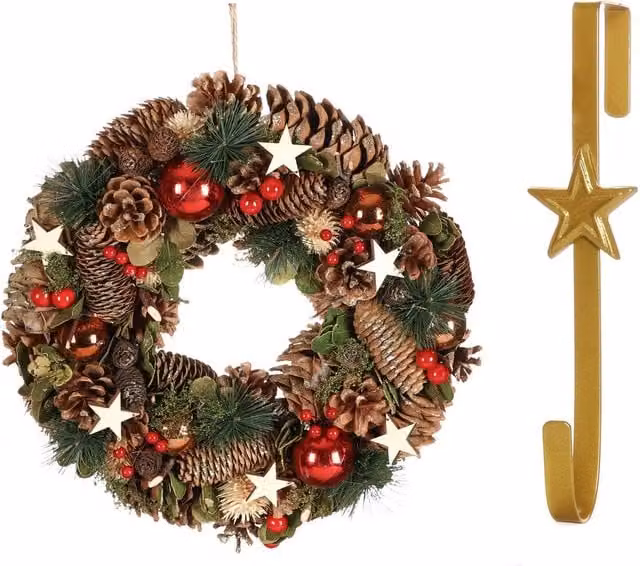 Dibor Red Christmas Wreath with Baubles, Stars and Wreath Hanger, Diameter: 36 cm