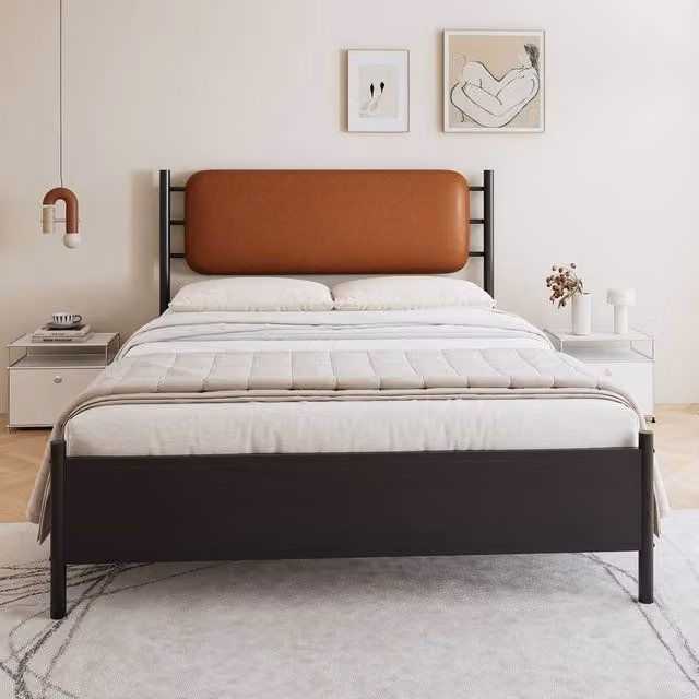 Merax Double Bed Frame in Black Metal with Brown PU Upholstered Headboard, W/D/H: 140 x 200 x 137 cm – 1