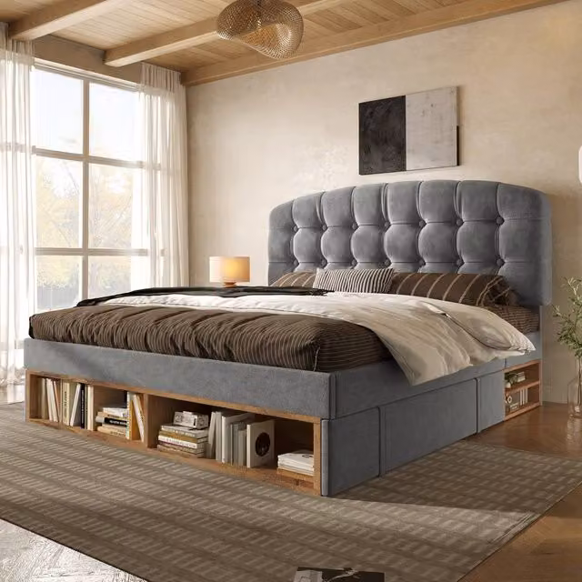 Rolipo Grey Velvet Single Bed with Storage Drawers and Upholstered Frame, W/D/H: 90 x 190 cm – 1