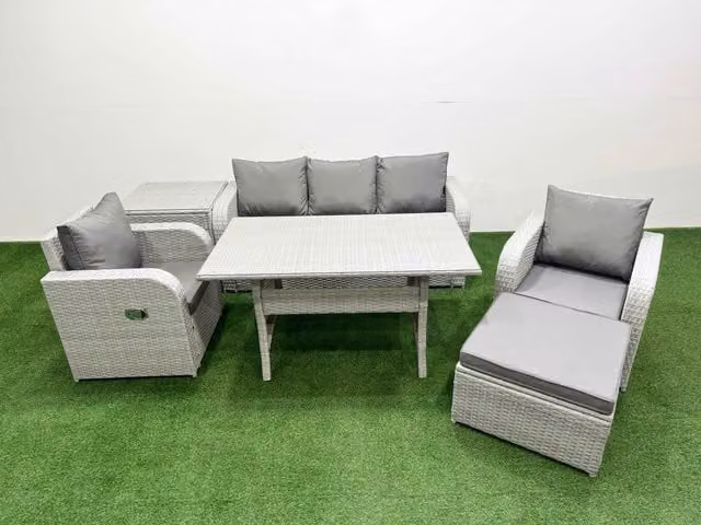 Fimous PE Rattan Garden Furniture Set in Light Grey with Reclining Chairs, Sofa, Rectangular Dining Table, Side Table and Footstool