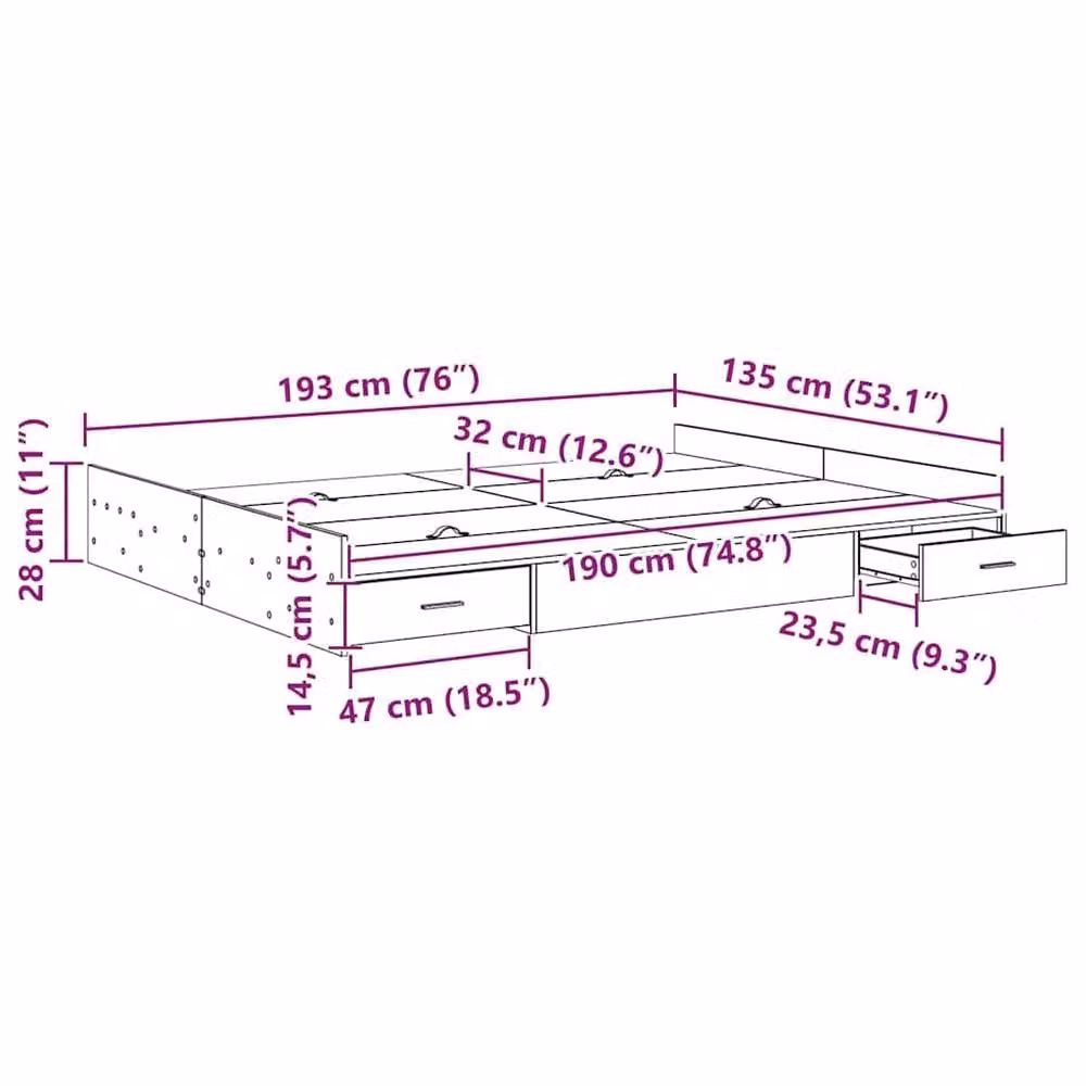 Berkfield Home Storage Bed Frame in Concrete Grey, Engineered Wood, W: 135 cm x D: 190 cm – 2