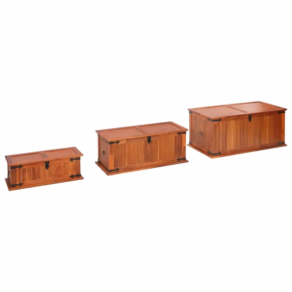 Berkfield Home Set of 3 Rustic Brown Solid Acacia Wood Storage Chests – 3