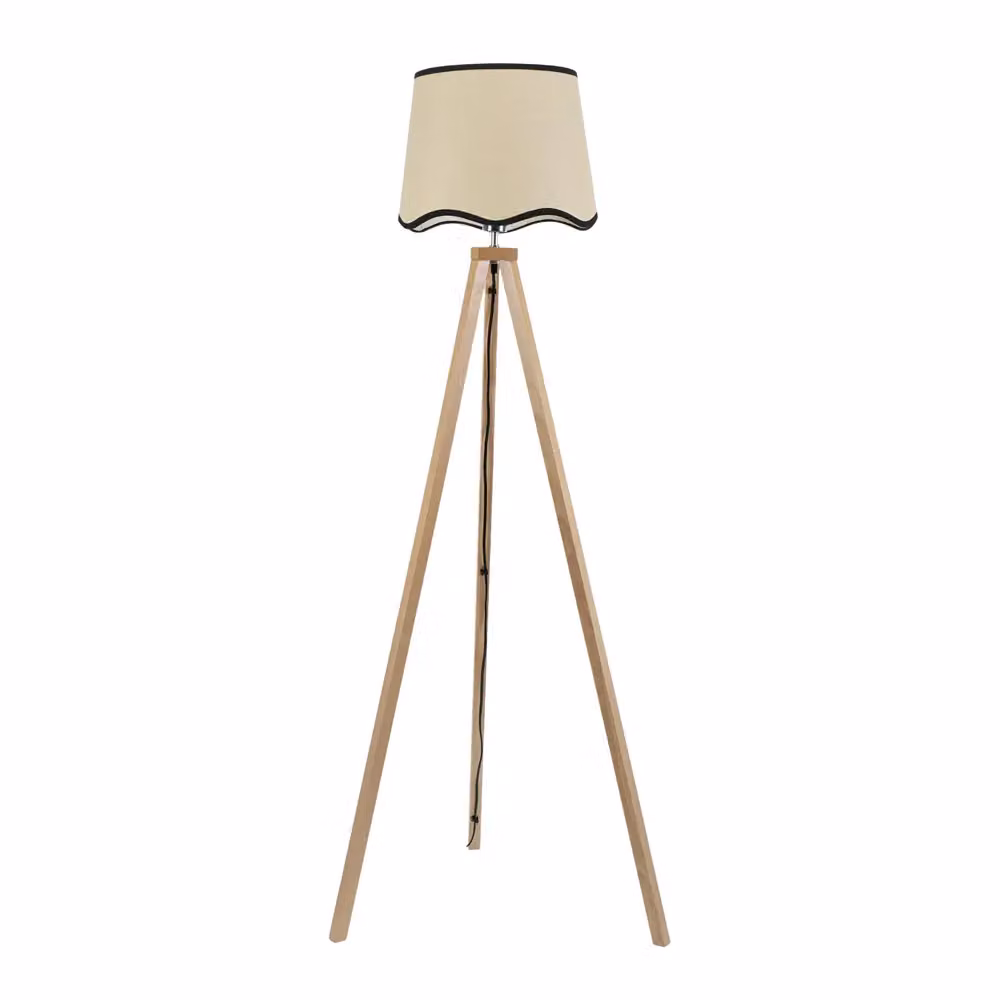 ValueLights Barbro Tripod Floor Lamp in Light Wood with Black Scallop Edge Fabric Shade and LED Bulb, H 153 cm x W 35 cm x D 35 cm – 2
