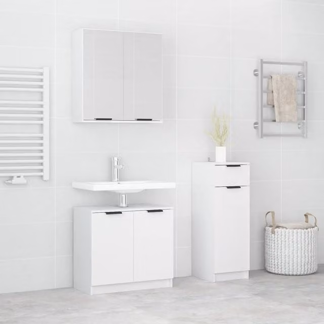 Berkfield Home 3 Piece Modern White Matt Bathroom Cabinet Set with Mirror and Hinged Doors