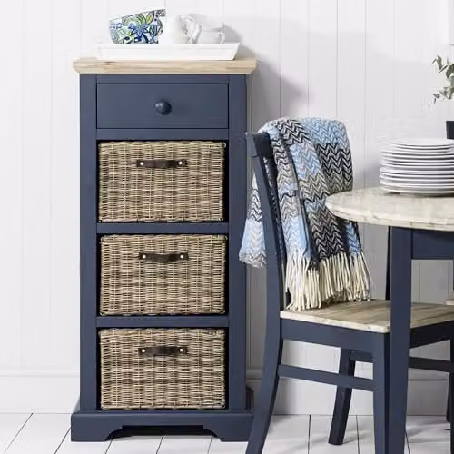 Statement Furniture Florence Tallboy Storage Unit with Drawer and 3 Baskets in Navy Blue with Limed Acacia Wood Top, W: 54 cm, D: 42 cm, H: 113 cm – 1