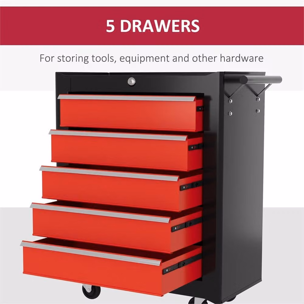 Kelvenix Red and Black Steel 5-Drawer Lockable Tool Storage Cabinet with Wheels, Width: 100 cm – 3