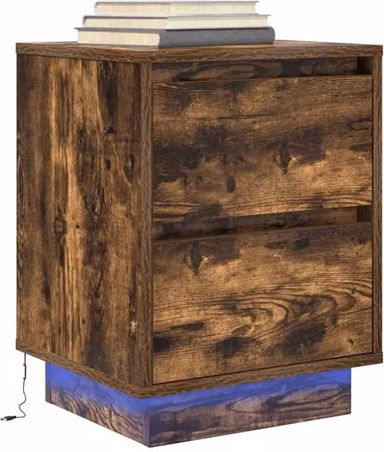 Berkfield Home Bedside Cabinet with Integrated LED Lights in Smoked Oak, W/D/H: 38 x 34 x 50 cm