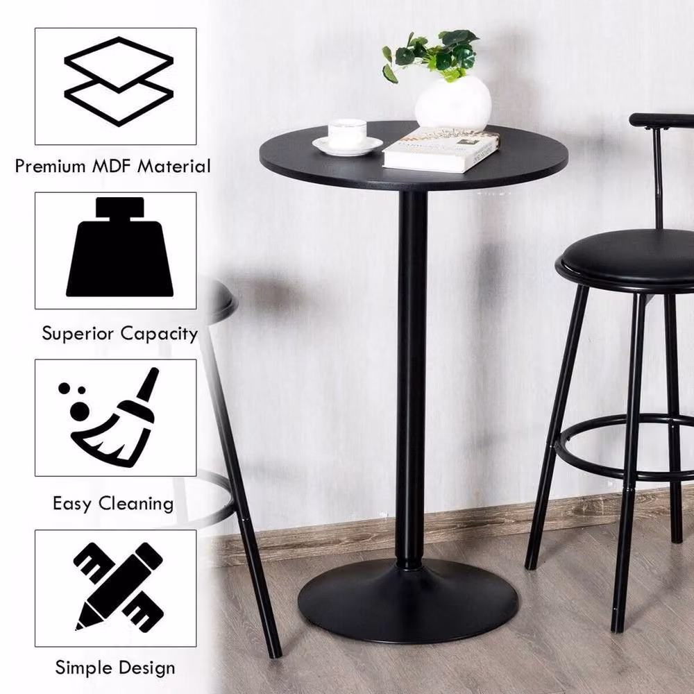VOGREX Round Bistro Pub Bar Counter Table in Black with Fixed Top and Stable Base – 3