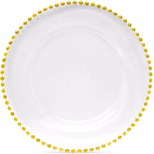 Neel Blue Set of 6 Glass Charger Plates with Gold Beaded Design, Diameter: 33 cm