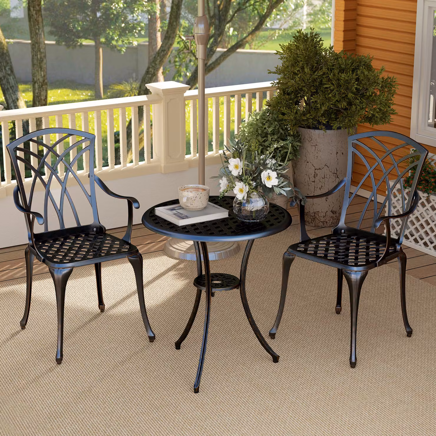 Outsunny 3 Piece Outdoor Bistro Dining Set with Round Table and 2 Armchairs in Bronze Tone – 2