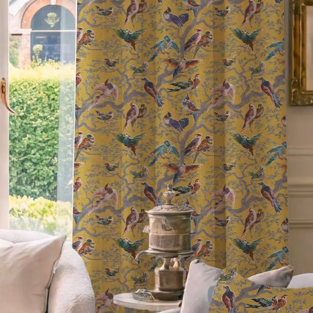 HOUSE Llewelyn-Bowen Birdity Absurdity Made To Measure Blackout Cotton Curtains, Yellow