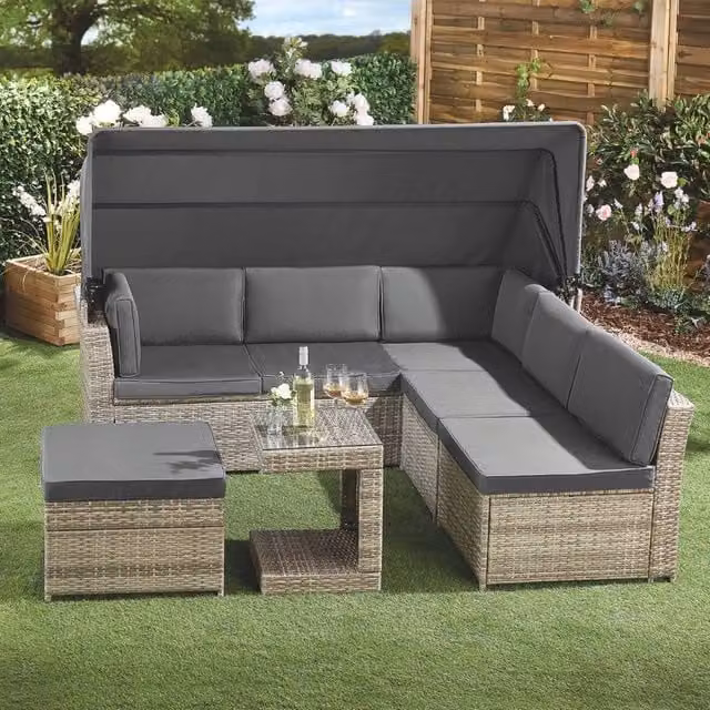 NESTLUNE Grey Polyrattan Garden Daybed with Sun Canopy