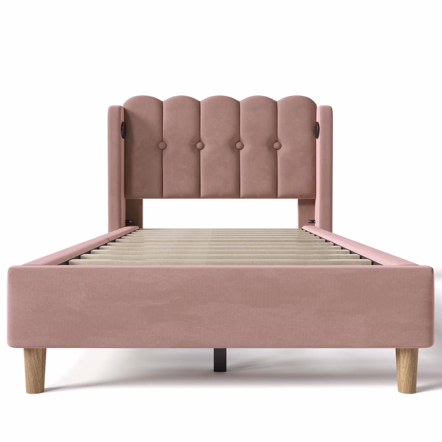 Aosom UK Pink Velvet Upholstered Single Bed Frame with USB and Type-C Charging Ports and Grille Design Headboard, W/D/H: 103 x 197 x 103 cm – 2