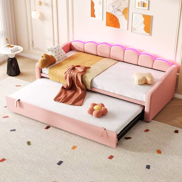 Merax Pink Velvet Petal Shape Single Daybed with LED Under-Bed Lighting and Pull Out Trundle, W/D/H: 90 x 190 cm – 1