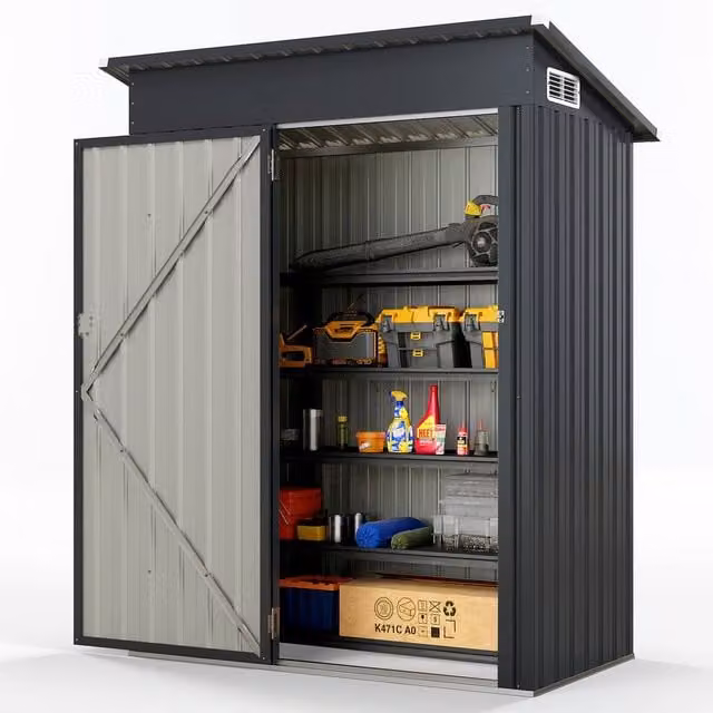 Gymax Pent Storage Shed and Tool House with Sloping Design in Dark Grey, Galvanised Steel Metal Frame – 1