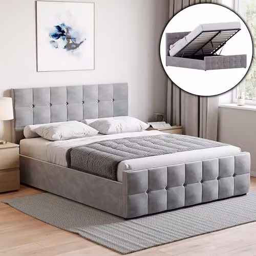 Vida Designs Valentina King Ottoman Bed Frame in Light Grey Velvet, H 105 x W 158 x D 212 cm – 2