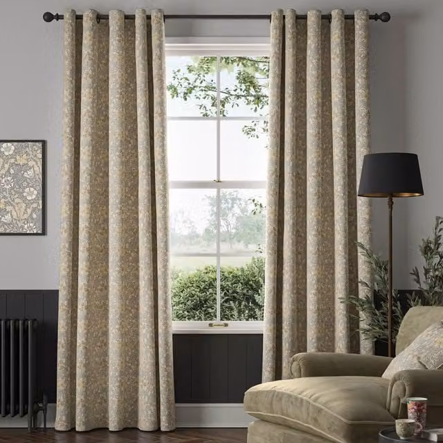William Morris Bower Made To Measure Blackout Floral Cotton Curtains in Barley Beige and Grey