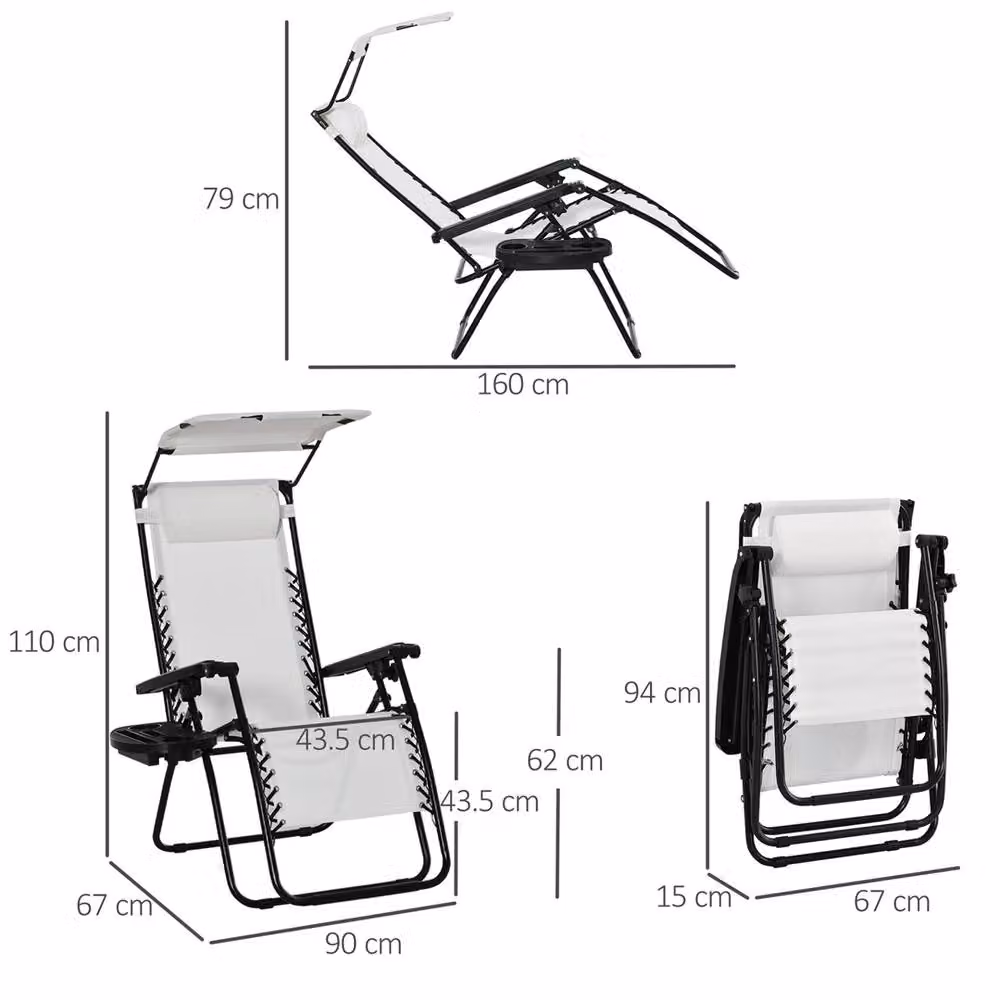 Outsunny White Zero Gravity Garden Folding Patio Sun Lounger with Sun Canopy and Side Tray – 2