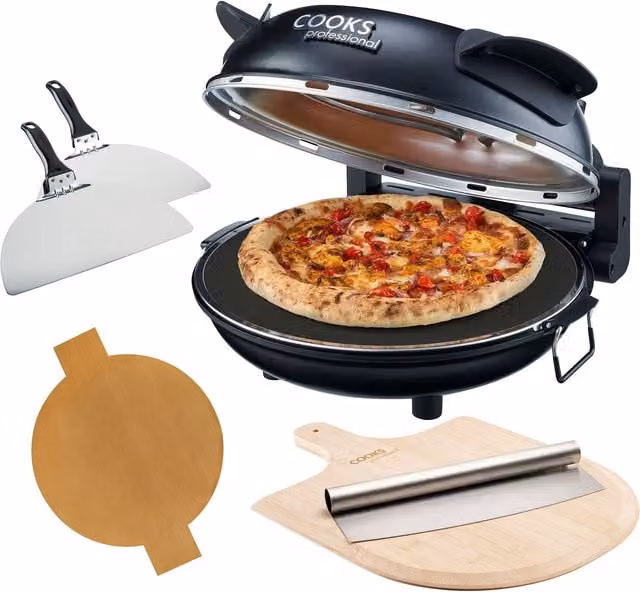 Cooks Professional Electric Pizza Oven Set in Black with Board, Paddles, Baking Sheet and Cutter