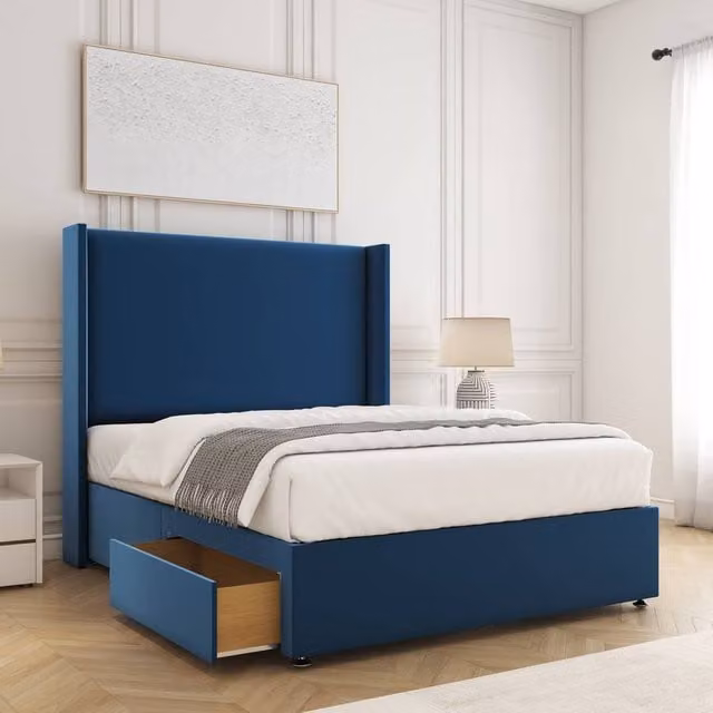 BSSPOKE Austin Small Double Divan Bed with Plush Headboard and 2 Drawers in Blue, W/D/H: 120 x 200 cm