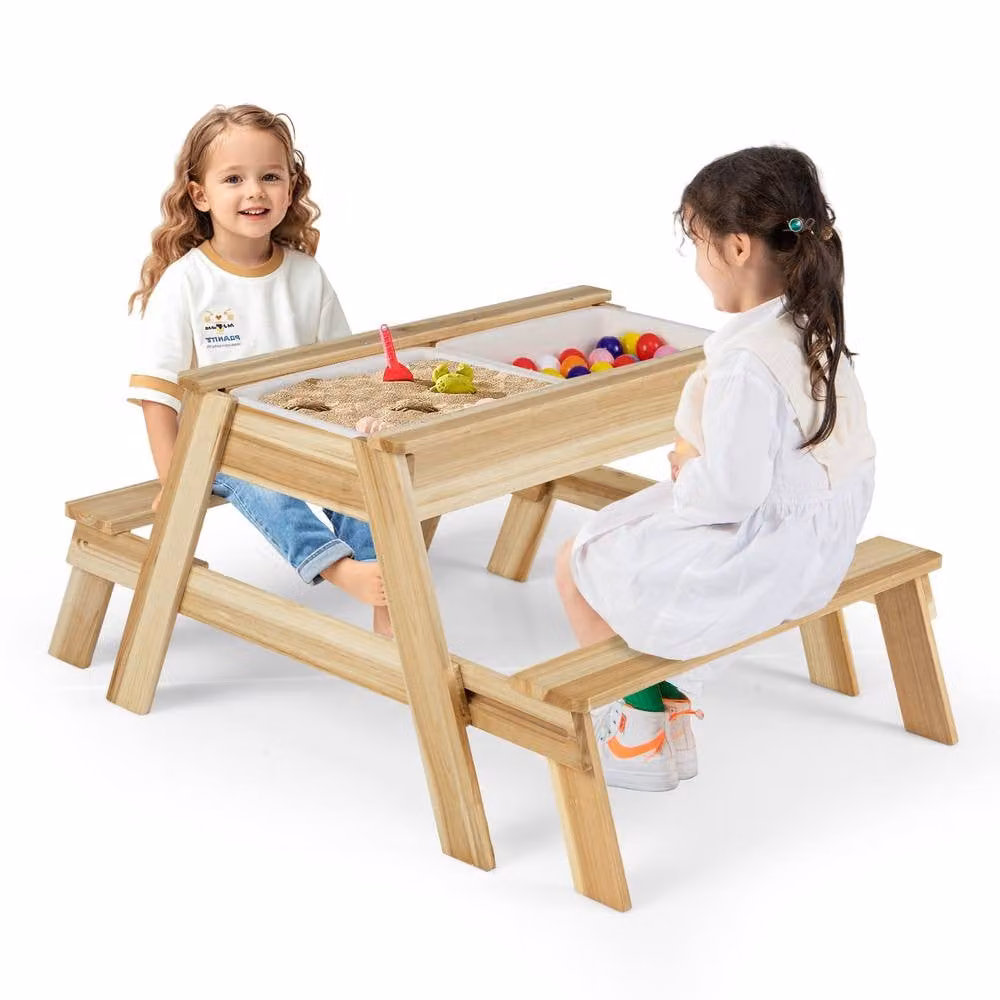 Costway 4 in 1 Wooden Kids Outdoor Sand Play Center with Table and Bench Set in Natural Brown – 2