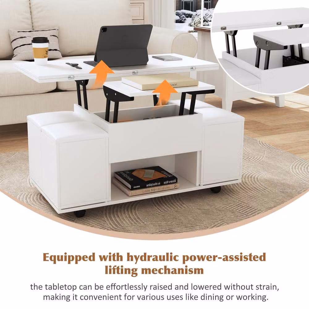 Matteo White Modern Rectangular Coffee Table with Hydraulic Lift-Top and Storage – 4