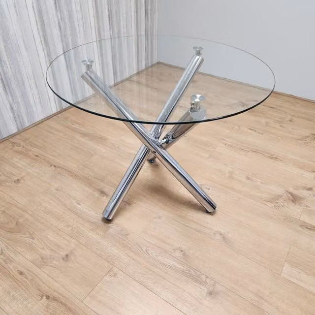 Kosy Koala Modern Round Kitchen Dining Table with Clear Glass Top and Silver Metal Central Column