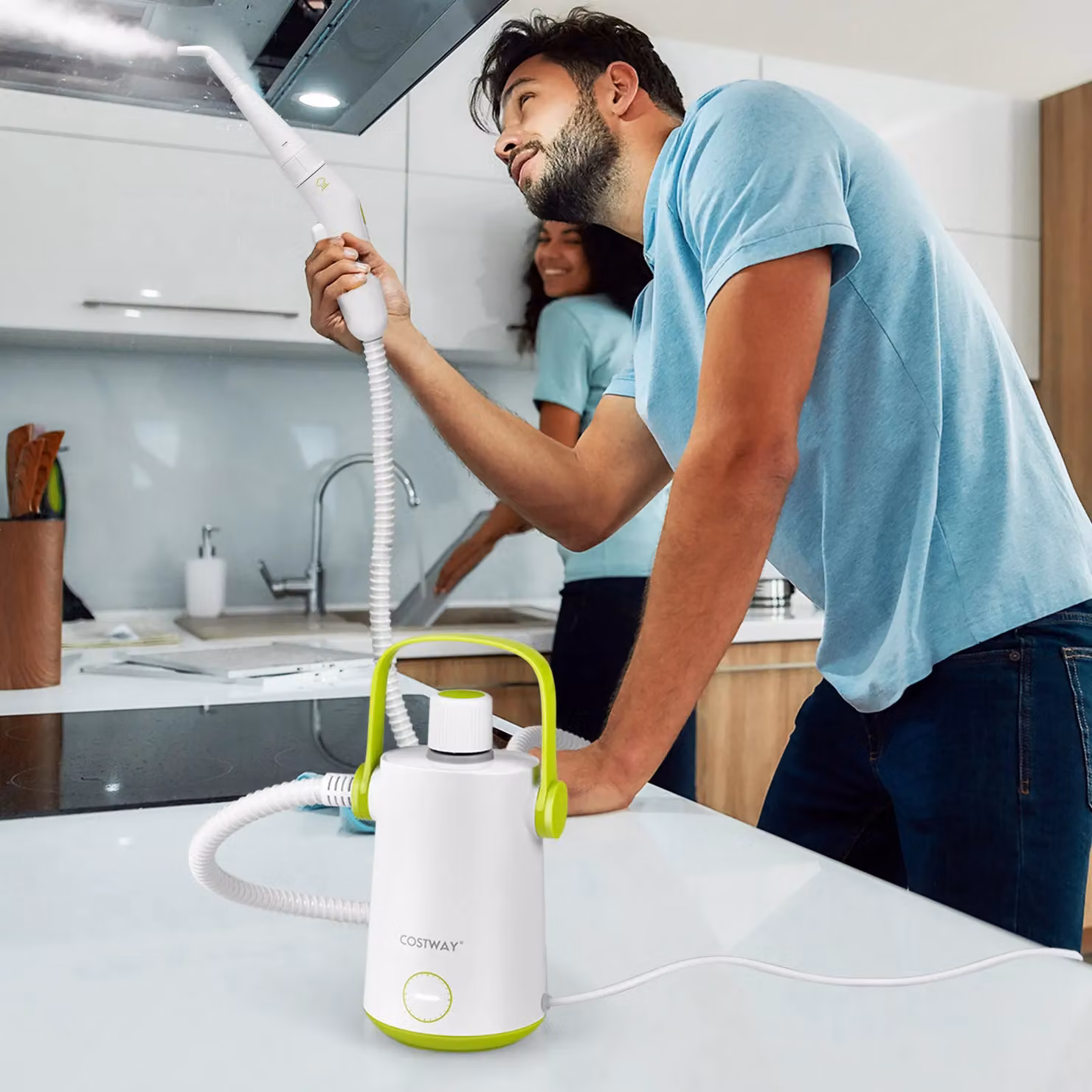 Costway Handheld Steam Cleaner, 1000W Pressurised Steamer with 3 Bar Pressure in Green and White – 5