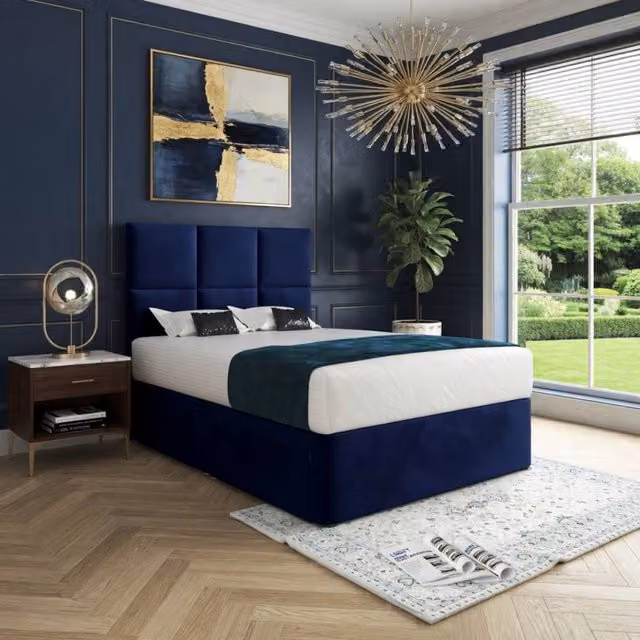KDMD Itchen Blue Velvet Upholstered Designer Bed Frame with Floorstanding Headboard and Drawers, W/D/H: 140 x 200 cm – 1