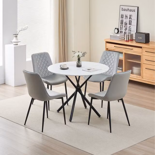 Madefor.living Seattle Round Dining Table and 4 Amelia Velvet Chairs in Grey and White