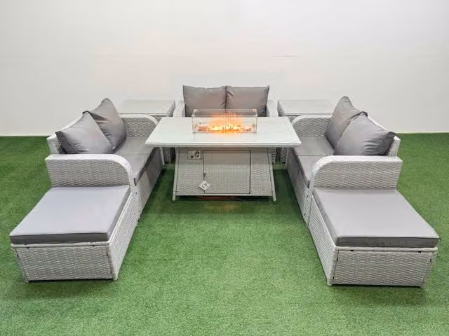 Fimous 8 Seater PE Wicker Rattan Garden Furniture Set in Light Grey with Firepit Dining Table, 2 Seater Love Sofa, 2 Footstools and 2 Side Tables