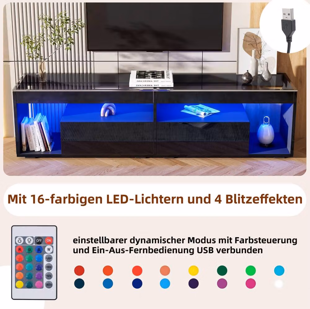 STILVORA Modern Black Glossy TV Stand with Glass Top and 2 Drawers, W/D/H: 180 x 40 x 46 cm – 6