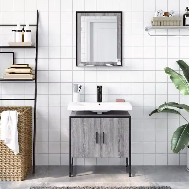 Berkfield Home Modern 2 Piece Grey Bathroom Cabinet Set with Vanity Unit and Mirror Cabinet – 1