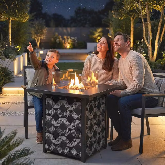 Outsunny Square Propane Gas Fire Pit Table with Glass Wind Guard, Black