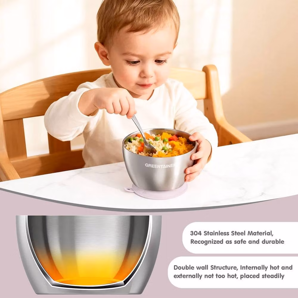 Greentainer Durable Baby Bowl Set, 3 Piece Double-Wall Insulated Stainless Steel and Silicone Set in Pink – 2