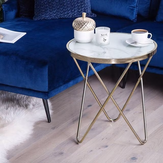 Wyld and Coco Round Side Table with White Marble Effect Glass Top and Gold Hairpin Legs, Diameter: 50 cm