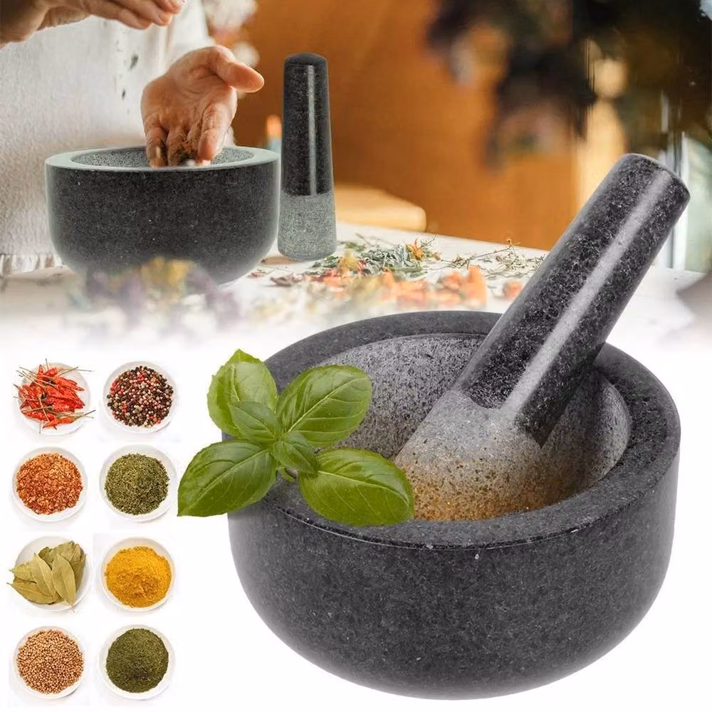 NESTLUNE Large Round Granite Mortar and Pestle Set in Grey, W: 100 cm, D: 60 cm – 2