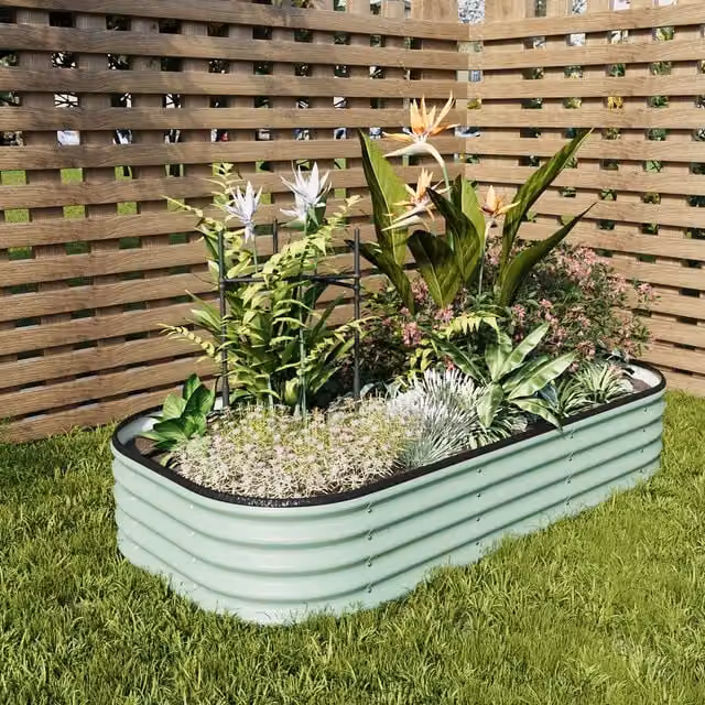 Livingandhome Oval Metal Raised Garden Bed in Light Green, W/D/H: 160 x 160 x 30 cm