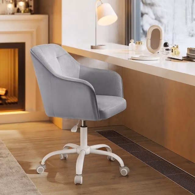 SONGMICS Modern Grey Velvet Swivel Task Chair with Armrests and Castors