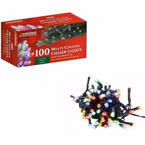 The Christmas Workshop 100 Multi-Coloured LED Chaser Fairy Lights with 8 Light Modes for Indoor or Outdoor Use