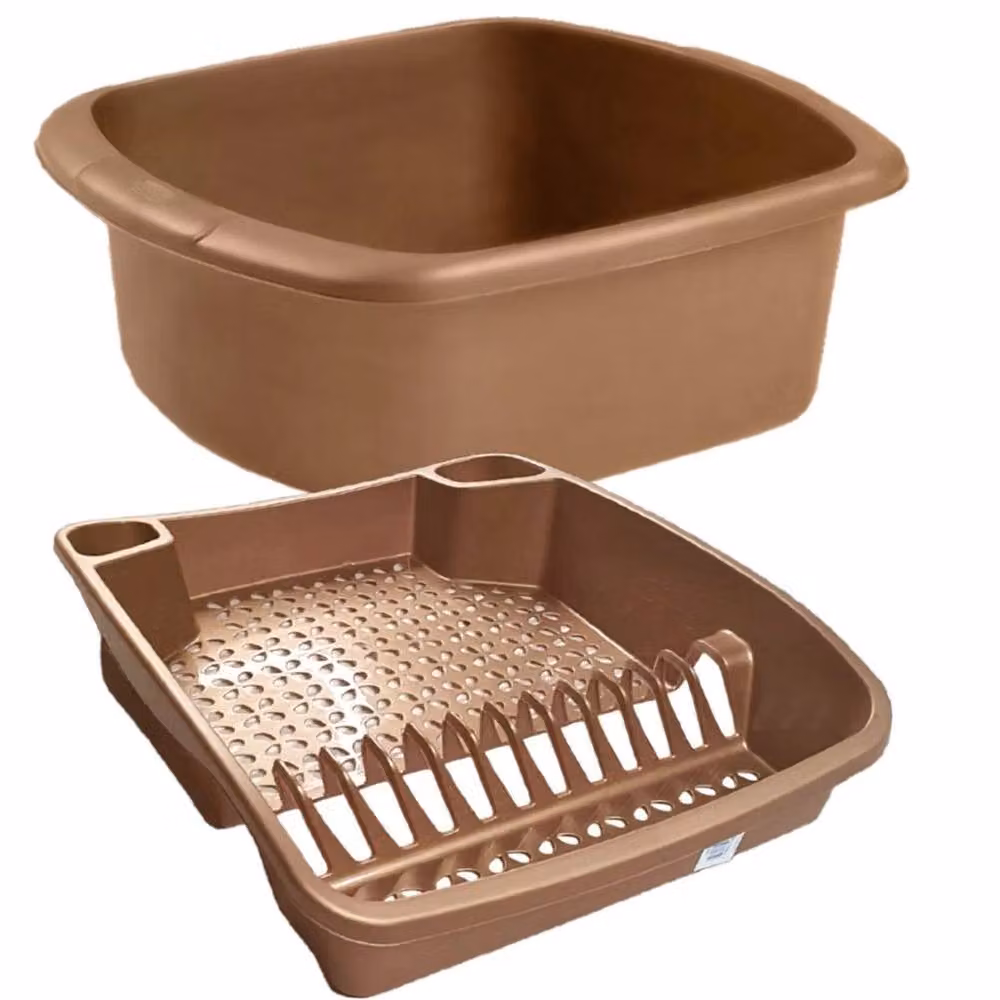 FLAVORA Gold and Brown Dish Drainer and Washing Bowl Set with Cutlery Holder – 3