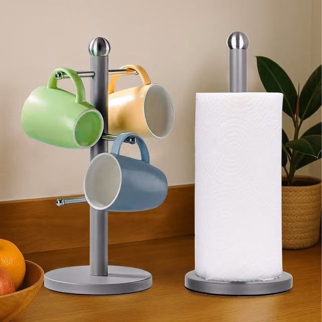 Innoteck Freestanding Kitchen Paper Roll Holder and Mug Tree Set in Grey