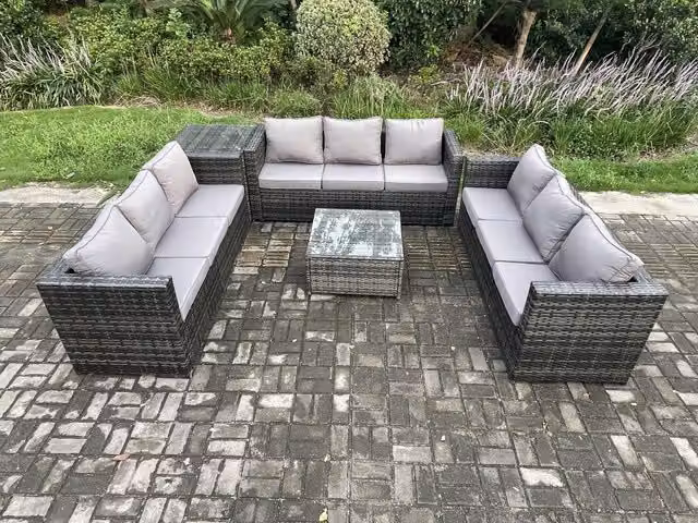 Fimous 9 Seater Rattan Garden Furniture Set with Square Coffee Table and Side Table in Dark Grey