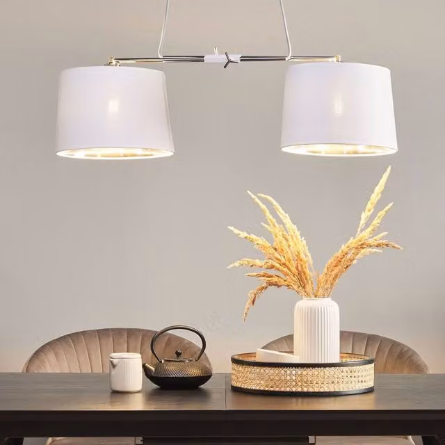 Wyld and Coco Two Light White Fabric Cylinder Pendant Light with Chrome Metal Finish and Adjustable Height