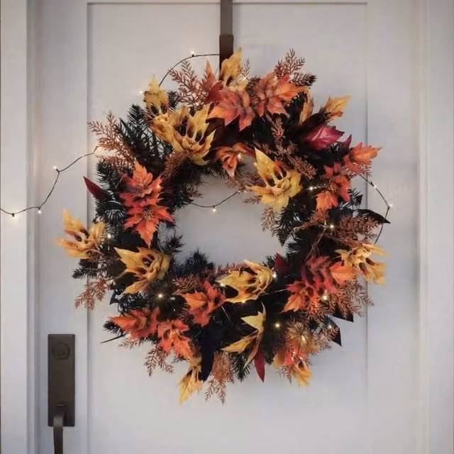Garden Greatness Spooky Faces Autumn Foliage Wreath in Red, Orange and Multicolour