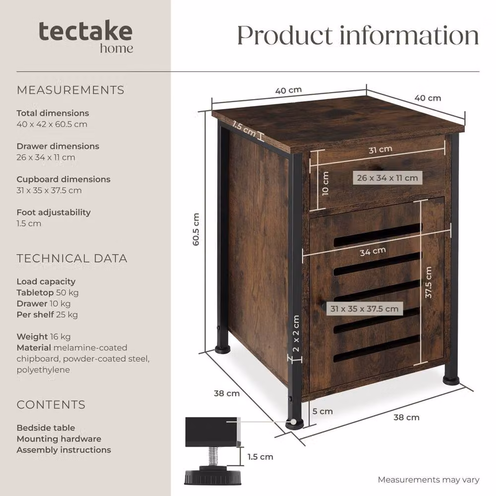 tectake Waterford Bedside Table in Brown with Shelf, Drawer and Cupboard, W: 40 cm, D: 42 cm, H: 60.5 cm – 6