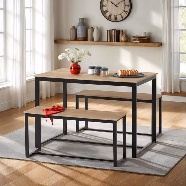 Seconique Lincoln Dining Table and Bench Set in Brown Industrial Style