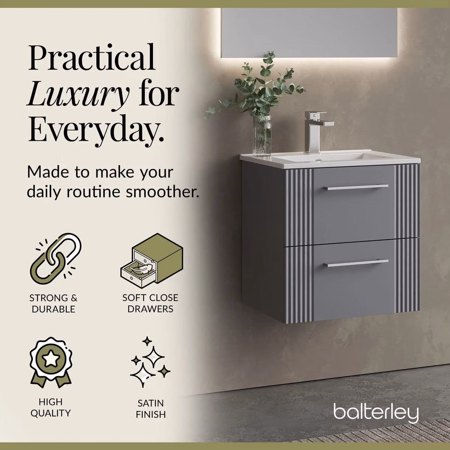 Balterley Wall Mounted Minimalist Bathroom Vanity Unit with Basin and 2 Drawers, Matt Grey, W/D/H: 50.0 x 26.99 x 51.8 cm – 2